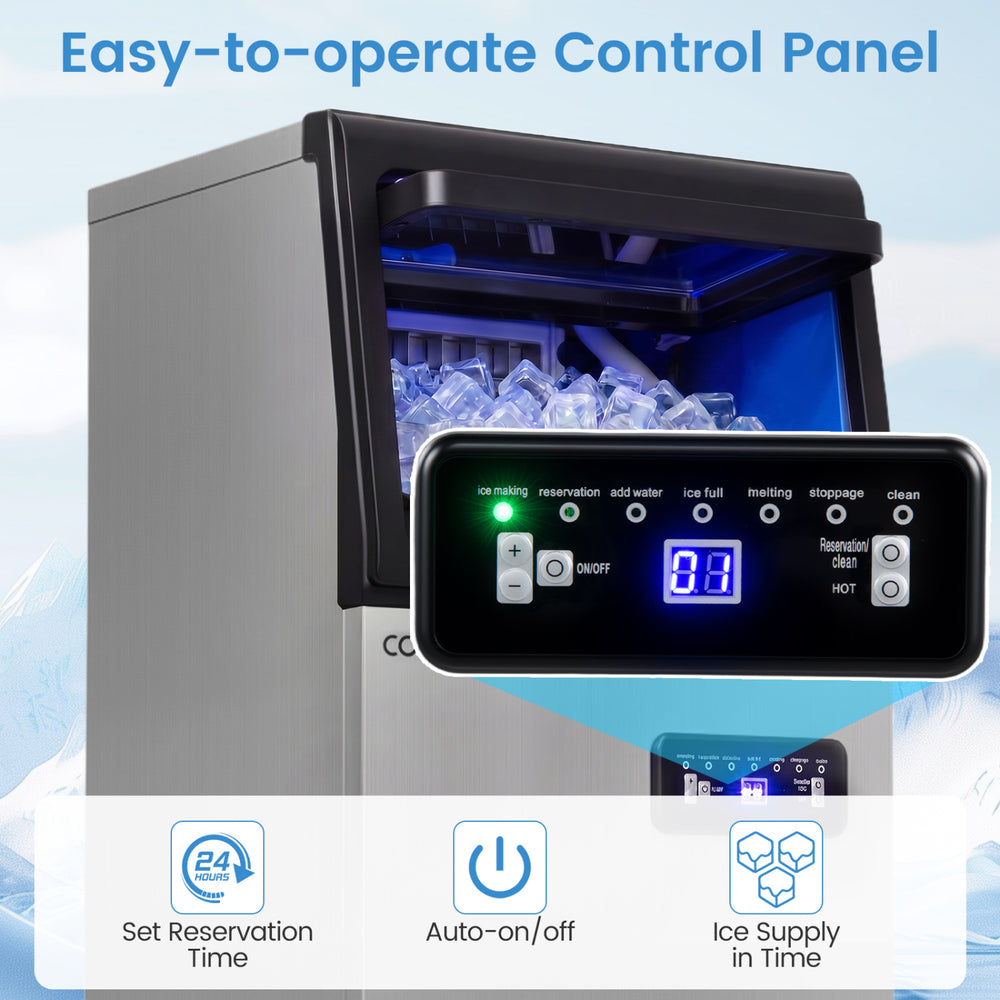Stainless steel commercial ice maker with easy-to-operate control panel, producing 110 lbs of ice daily for home or.