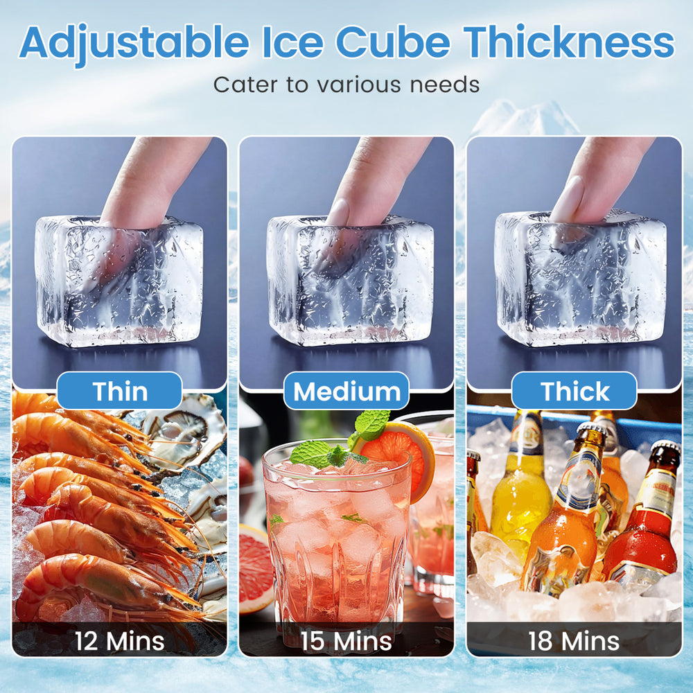 Adjustable ice cube thickness settings for the Stainless Steel Commercial Ice Maker, producing up to 110 lbs of ice.