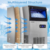 Stainless steel commercial ice maker showcasing multilayered structure with insulation, ideal for home and cafe use.