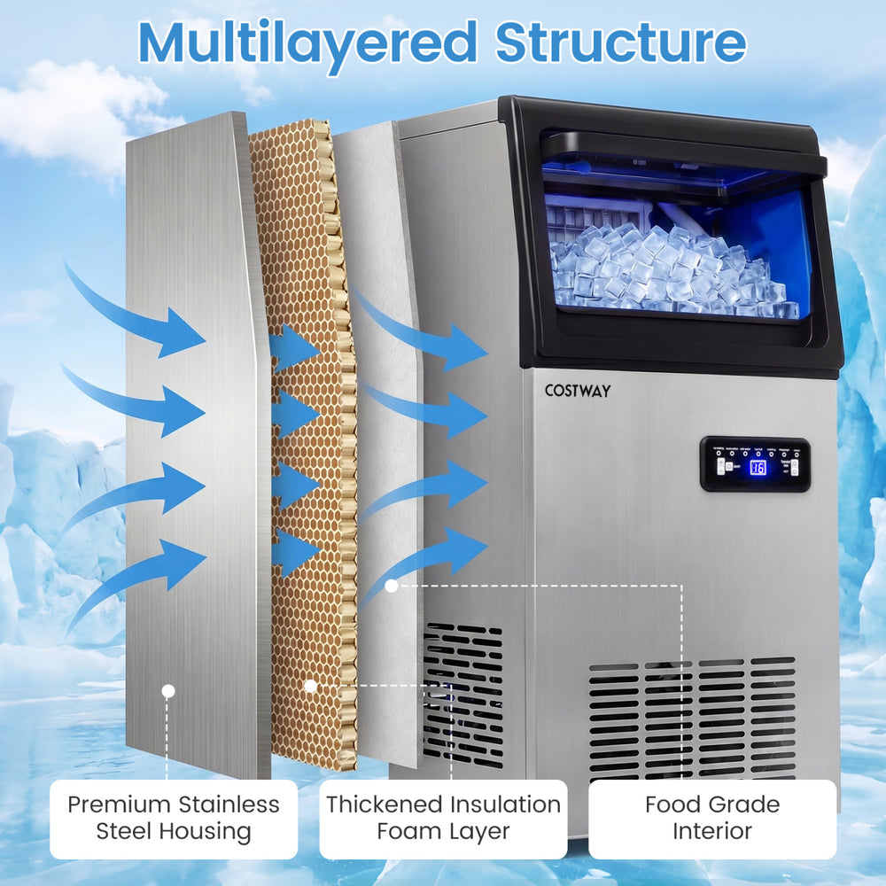 Stainless steel commercial ice maker showcasing multilayered structure with insulation, ideal for home and cafe use.