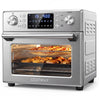 Stainless steel countertop convection oven with LED display, 26 QT capacity, showcasing pizza and chicken inside.