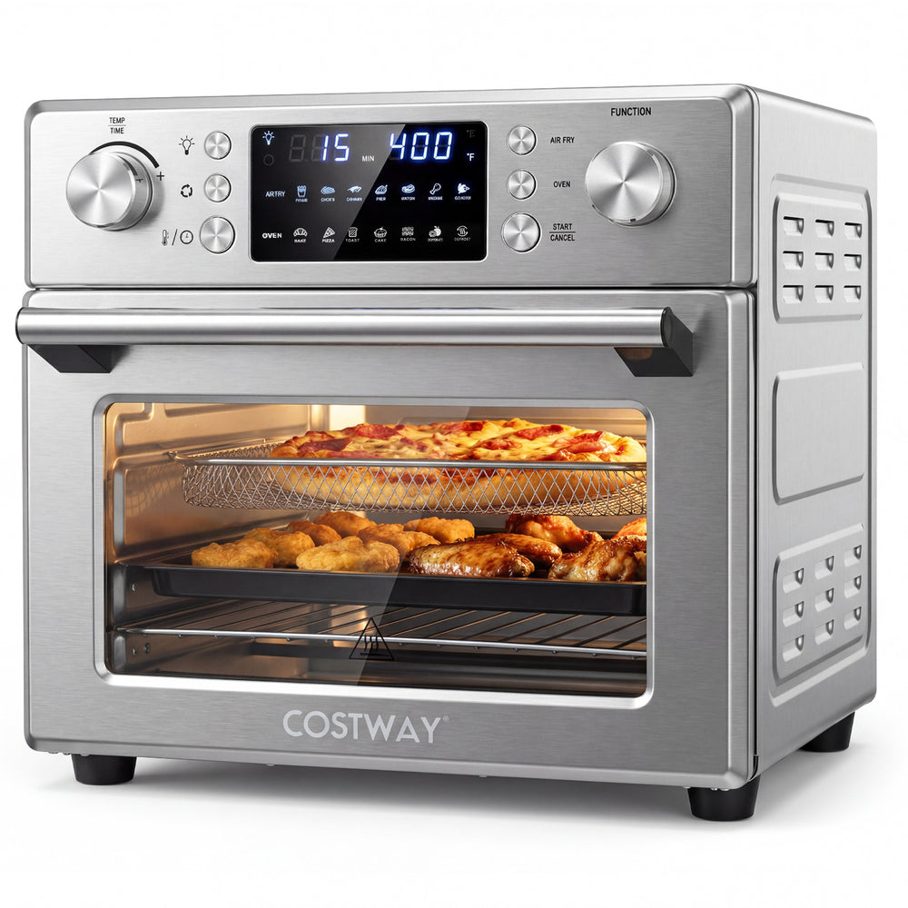 Stainless steel countertop convection oven with LED display, 26 QT capacity, showcasing pizza and chicken inside.