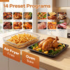 Stainless steel countertop convection oven showcasing air fryer fries and a roasted chicken with vegetables, ideal for.