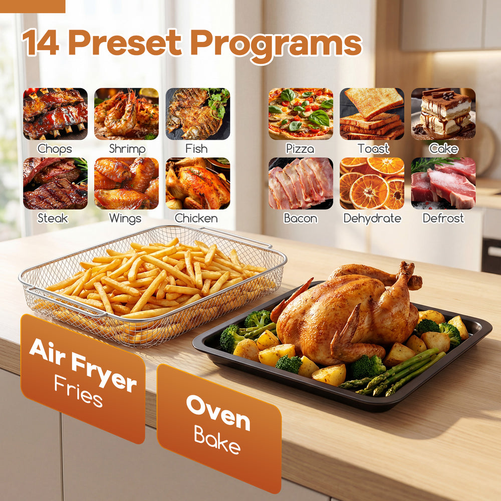 Stainless steel countertop convection oven showcasing air fryer fries and a roasted chicken with vegetables, ideal for.