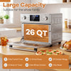 Stainless steel countertop convection oven with 26 QT capacity, showcasing LED display and versatile cooking modes for.