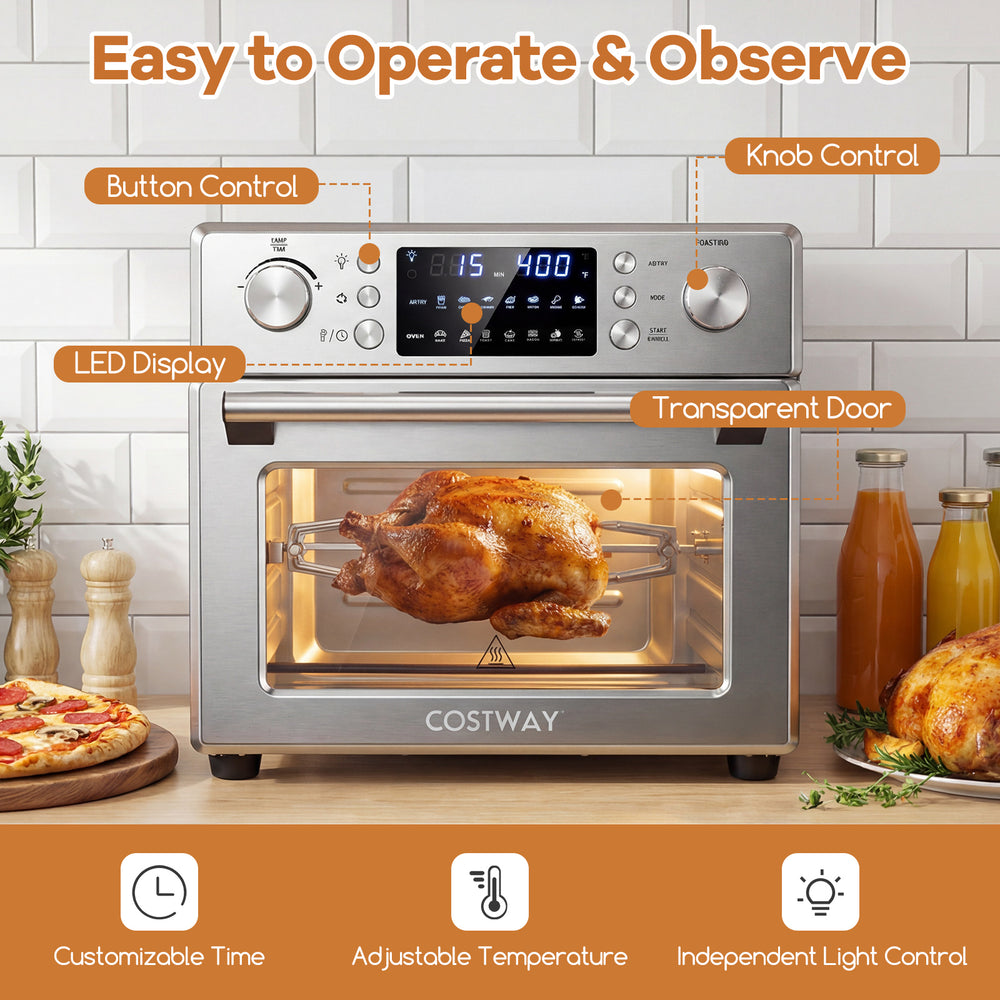 Stainless steel countertop convection oven with LED display, transparent door, and rotisserie fork for versatile.