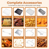 Complete accessory set for stainless steel convection oven, including wire rack, baking tray, and rotisserie basket.