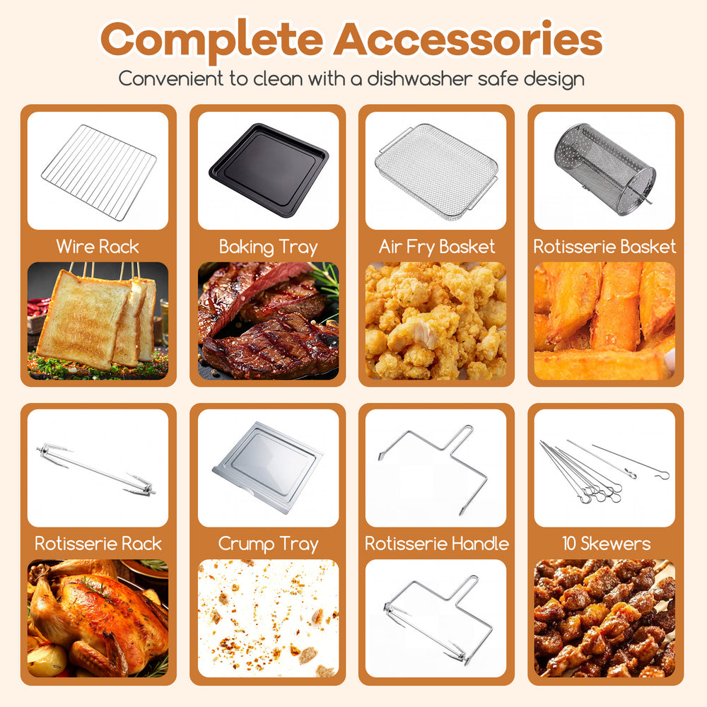 Complete accessory set for stainless steel convection oven, including wire rack, baking tray, and rotisserie basket.