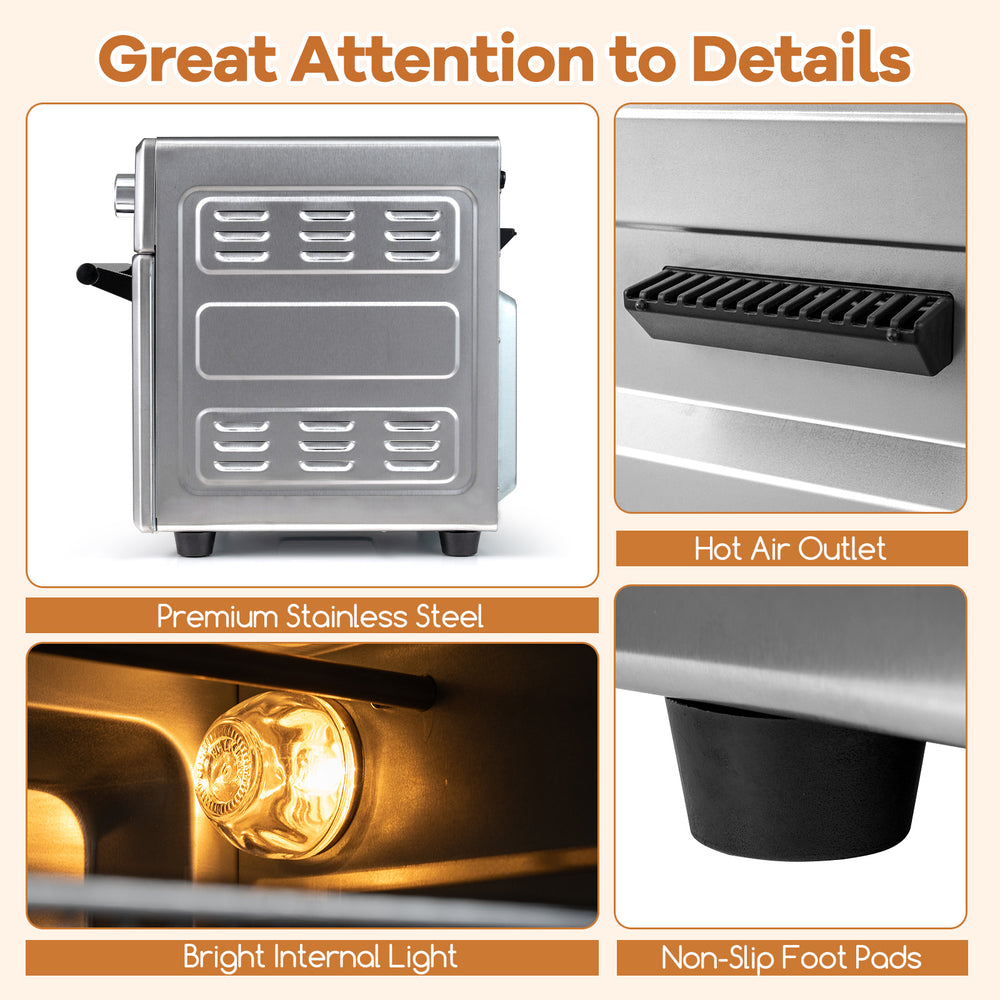 Close-up of the stainless steel countertop convection oven's hot air outlet and non-slip foot pads for stability.