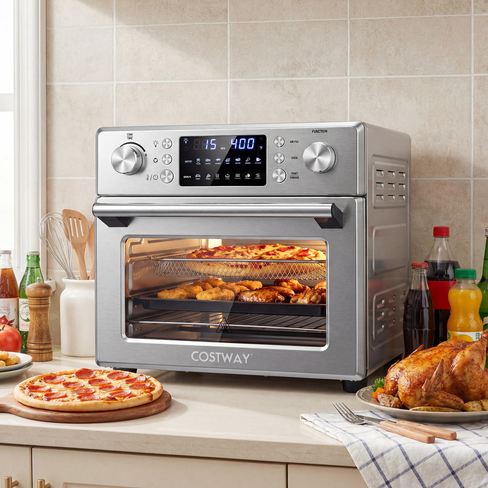 Stainless steel countertop convection oven with LED display, 26 QT capacity, and 14 cooking modes for versatile meal.