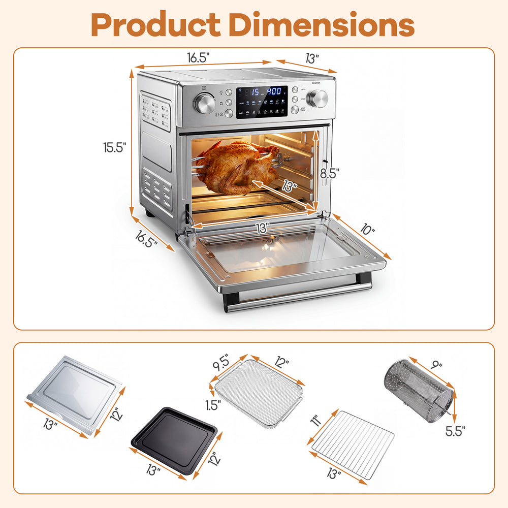 Stainless steel countertop convection oven with 26 QT capacity, showing dimensions and included accessories for.