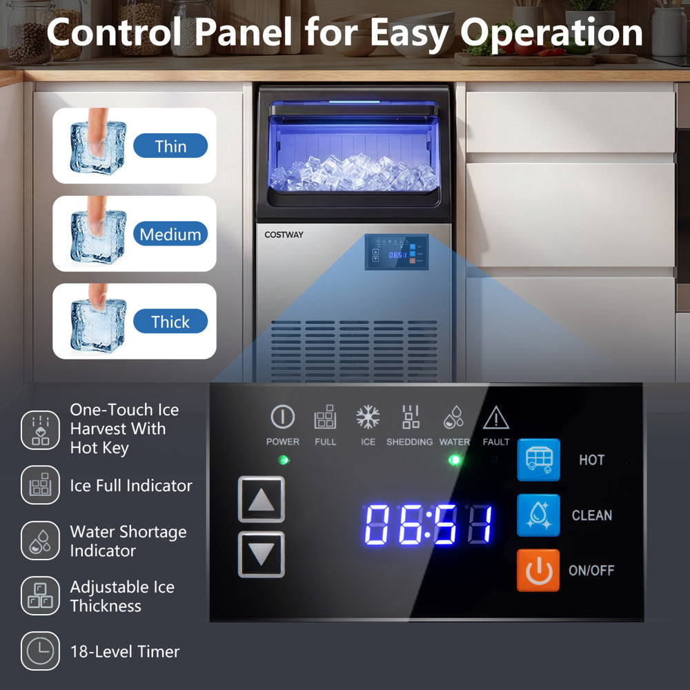 Control panel of the stainless steel ice maker showing settings for ice thickness and operational indicators.