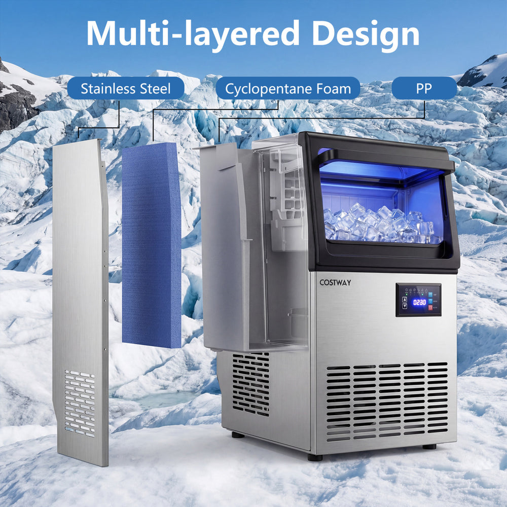 Stainless steel ice maker with multi-layered design, 30 lbs storage, and efficient 80 lbs daily output for easy use.