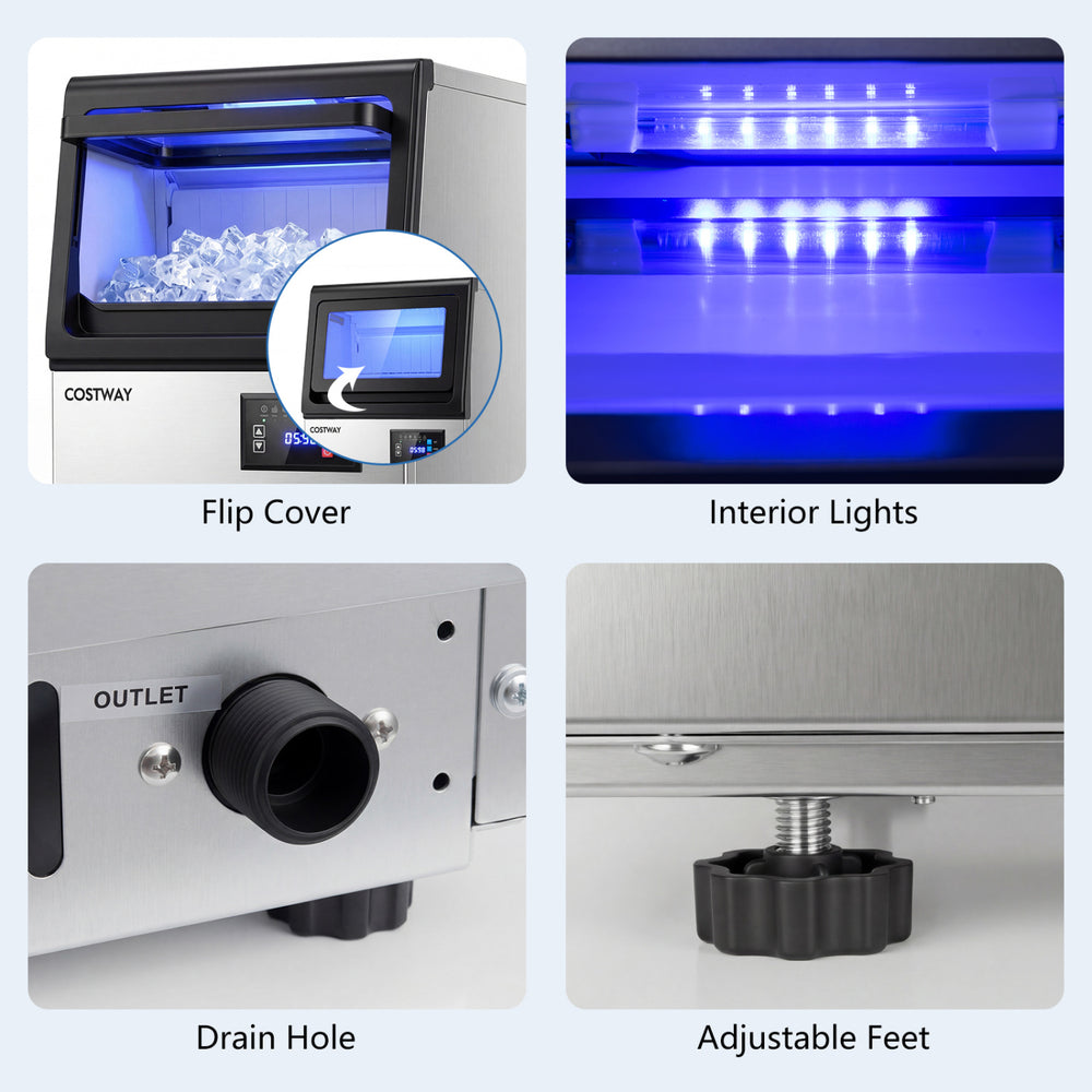 Flip cover and interior lights of the stainless steel spray ice maker with 30 lbs capacity for easy access and.