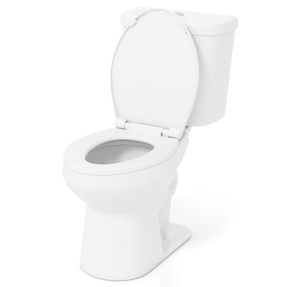 Standard toilet with 17.5" ADA comfort height seat, elongated bowl, and dual flush design for enhanced bathroom comfort.