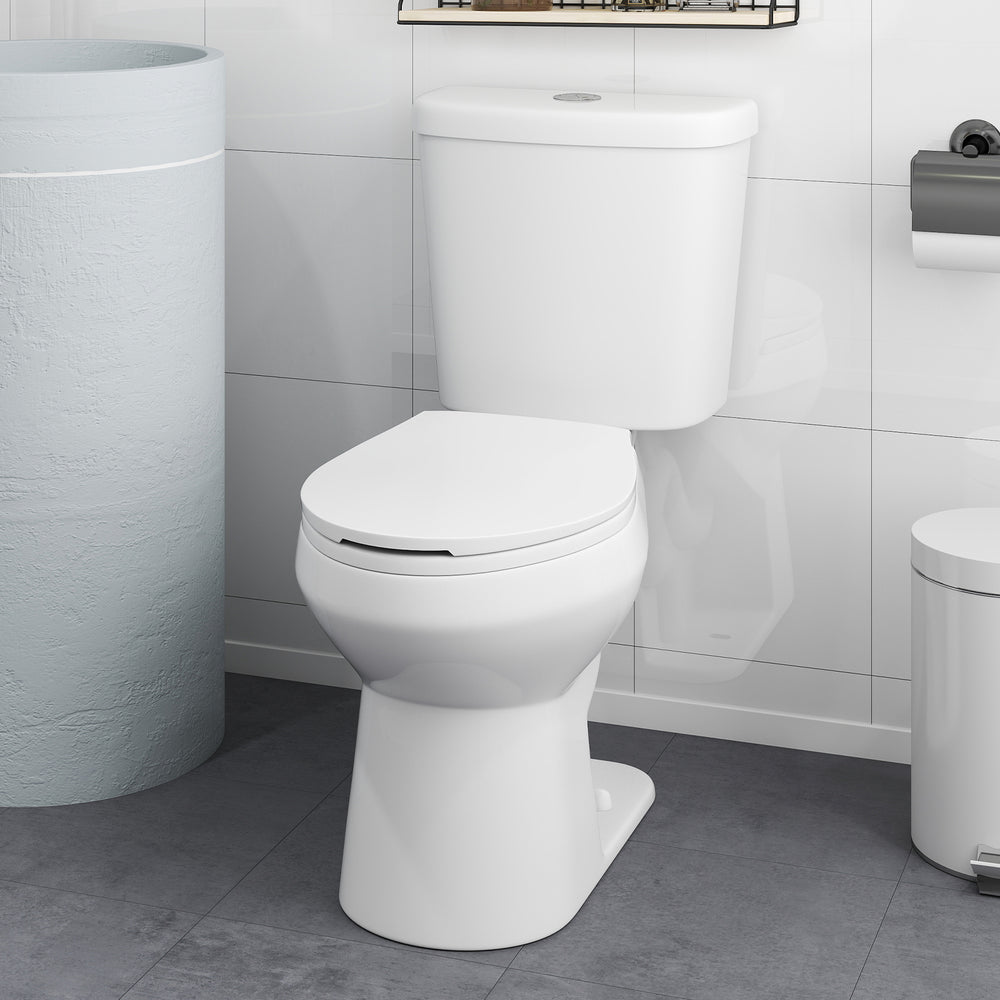Standard toilet with 17.5" ADA comfort height seat, dual flush design, and elongated bowl for enhanced bathroom comfort.