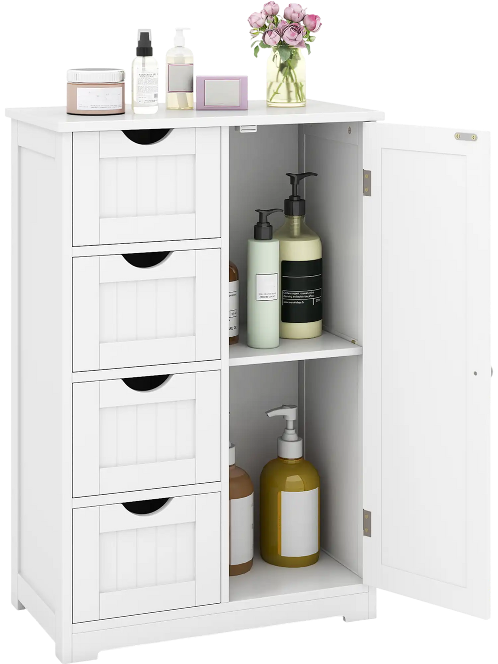 Standing indoor wooden cabinet in white with 4 slatted drawers and 1 door cabinet, ideal for bathroom or bedroom.
