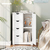 Standing indoor wooden cabinet in white with four drawers and one door, ideal for organizing various essentials.