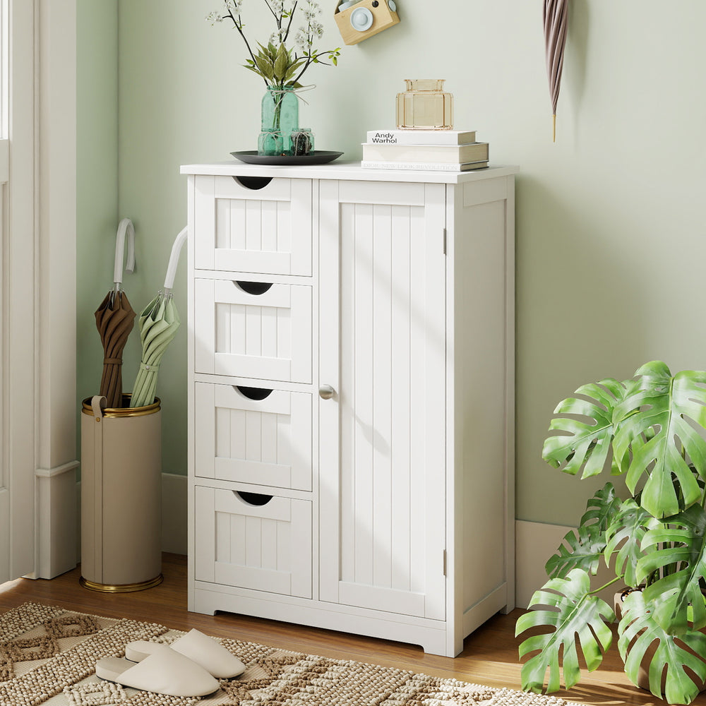 Standing indoor wooden cabinet in white with four drawers and one door, ideal for organized storage in any room.