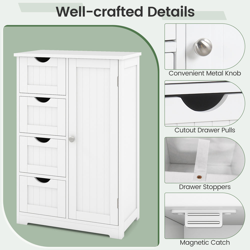 Standing indoor wooden cabinet in white with four slatted drawers and one door cabinet, ideal for organized storage.