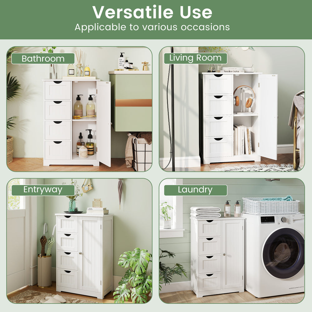 Standing indoor wooden cabinet with four drawers and one door, featuring a white finish for versatile storage in any.
