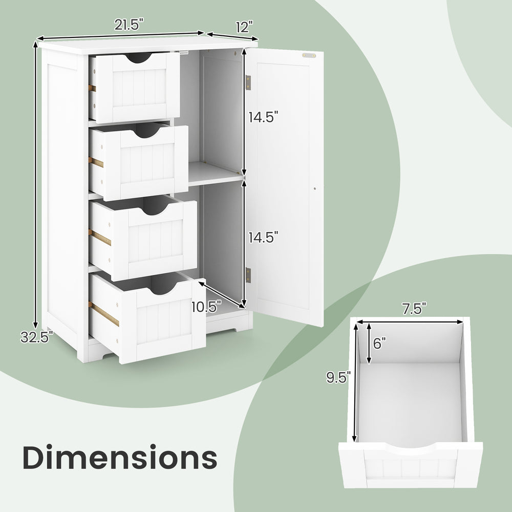 Standing indoor wooden cabinet with four drawers and one door, featuring a white finish and adjustable shelf for.