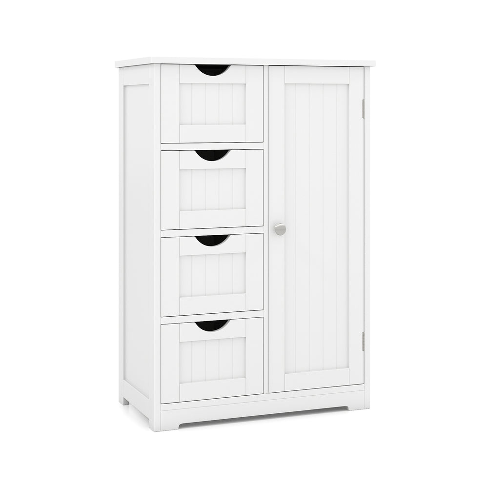Standing indoor wooden cabinet in white with slatted front drawers and adjustable shelf, perfect for versatile storage.