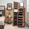 Standing jewelry cabinet in brown with LED lights, full-length mirror, and organized storage for jewelry and makeup.