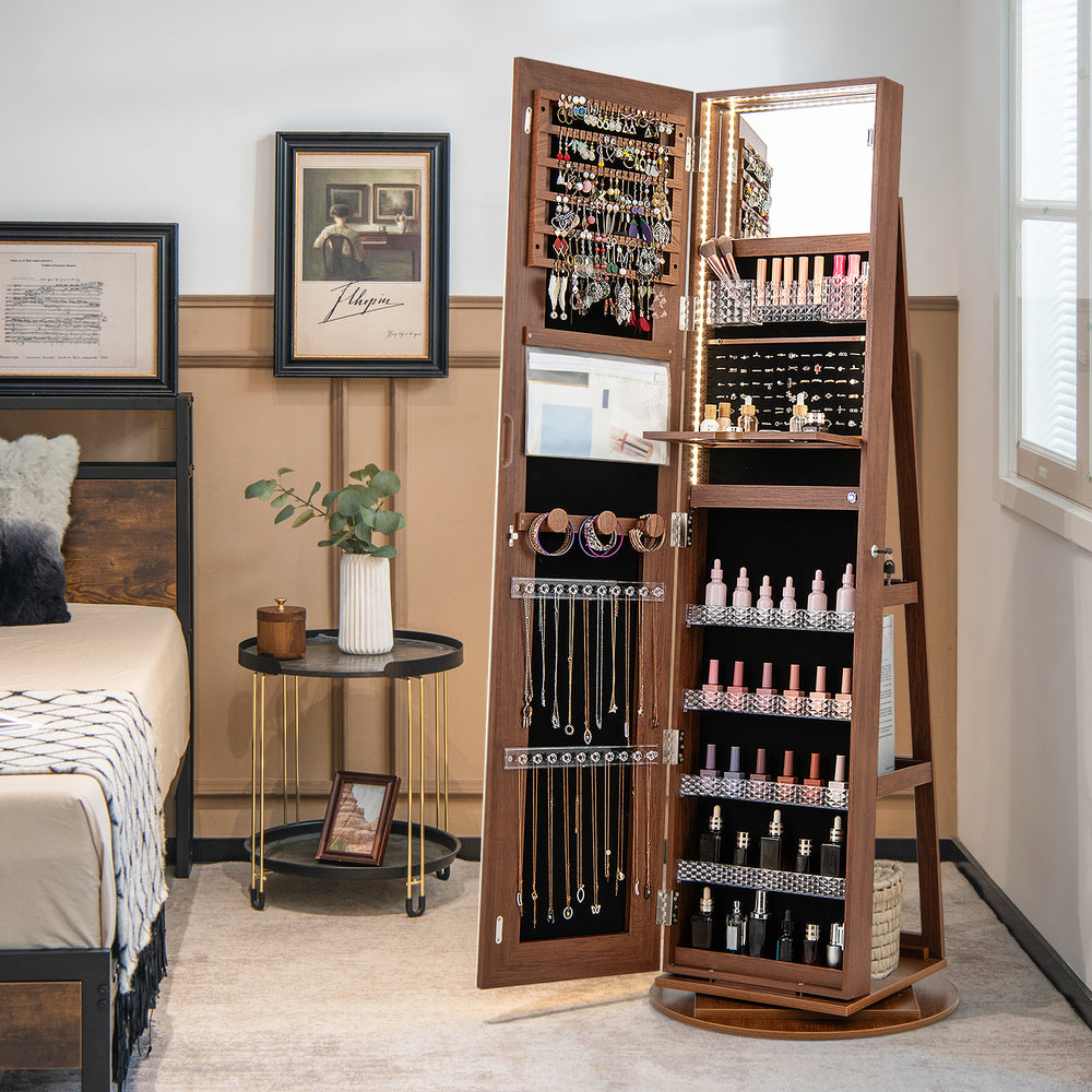 Standing jewelry cabinet in brown with LED lights, full-length mirror, and organized storage for jewelry and makeup.