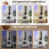 Full-length LED mirror with adjustable brightness and three color modes, ideal for makeup and jewelry storage.