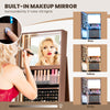 Standing jewelry cabinet in brown with built-in LED makeup mirror and adjustable lighting for convenient daily use.