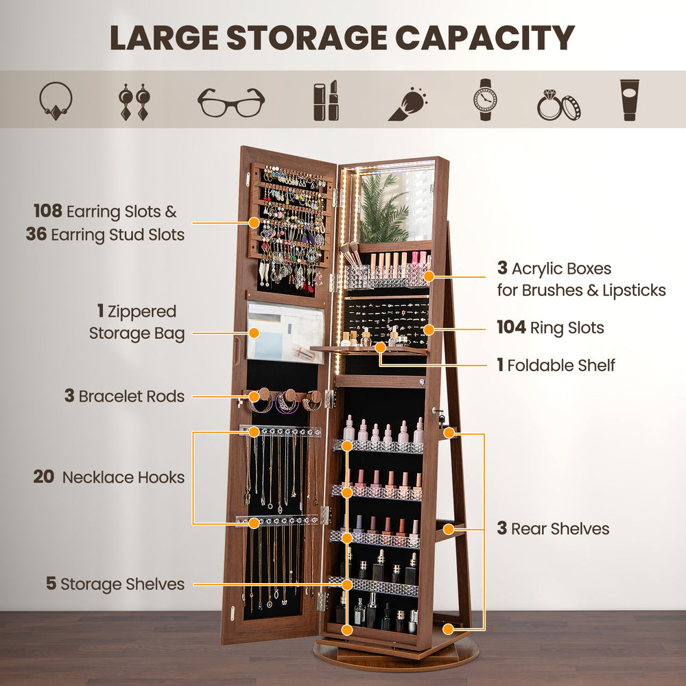 Standing jewelry cabinet in brown with adjustable LED lights, featuring 108 earring slots and multiple storage options.
