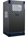 Portable steam sauna in black with blue accents, featuring a 3L steam generator and foldable chair for home relaxation.