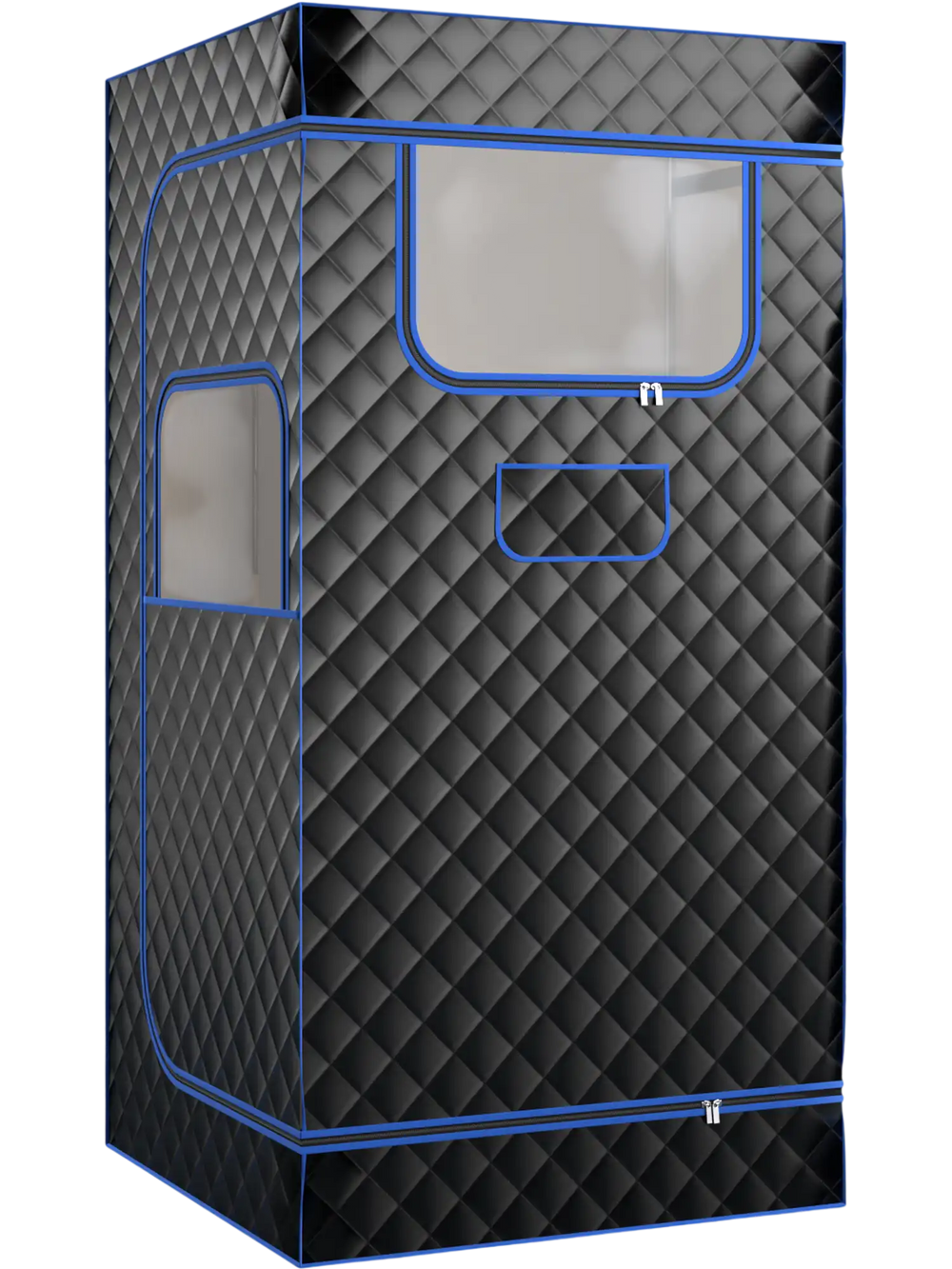 Portable steam sauna in black with blue accents, featuring a 3L steam generator and foldable chair for home relaxation.