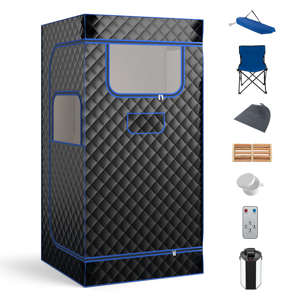 Portable steam sauna in black with a 3L steam generator, foldable chair, and remote control for home relaxation.