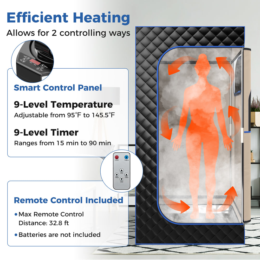 Portable steam sauna with 3L steam generator, adjustable temperature, and remote control for home relaxation.