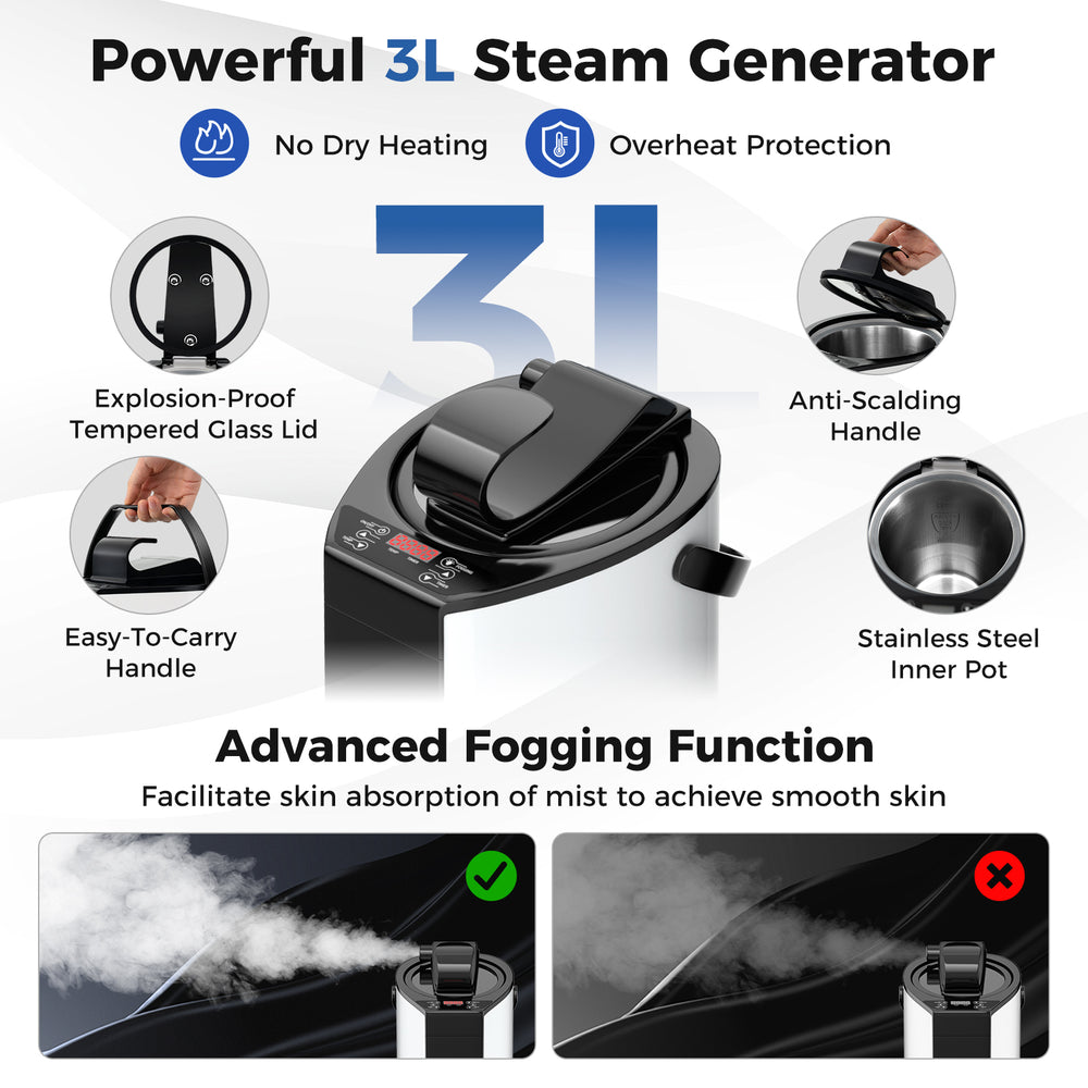 Portable steam sauna with 3L steam generator, stainless steel inner pot, and foldable chair for home relaxation.