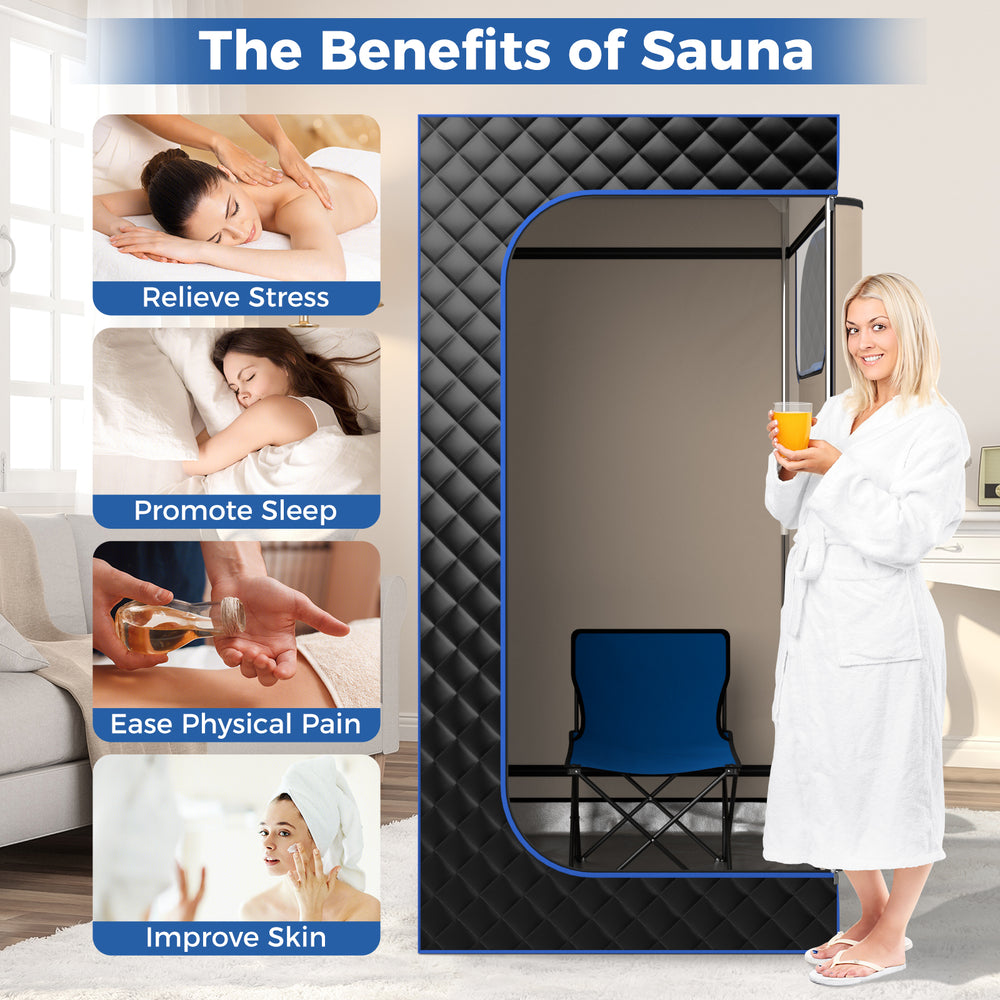 Portable steam sauna with a 3L steam generator, foldable chair, and remote control for home relaxation and skin.