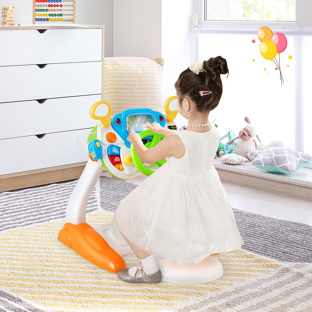 Kids steering wheel pretend play toy set with lights and sounds, featuring a comfortable stool for indoor fun.