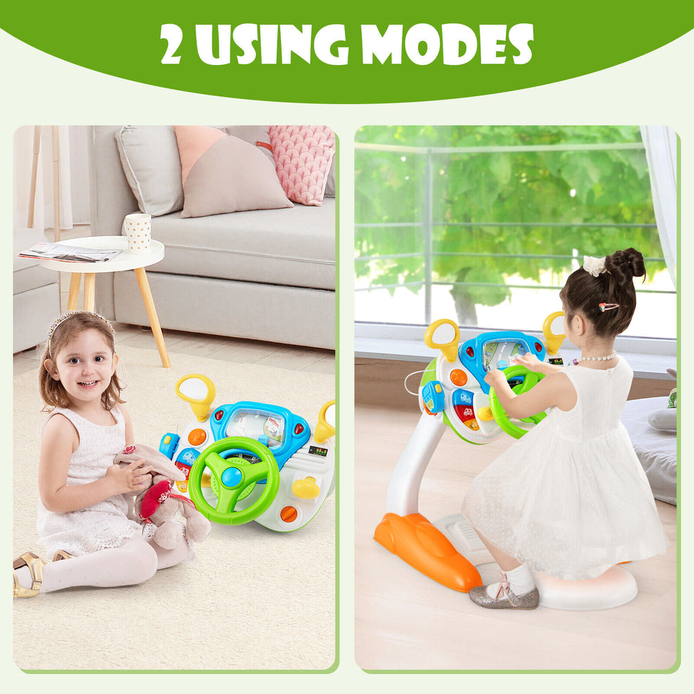 Kids steering wheel pretend play toy set with lights and sounds, featuring two modes and included stool for comfortable.