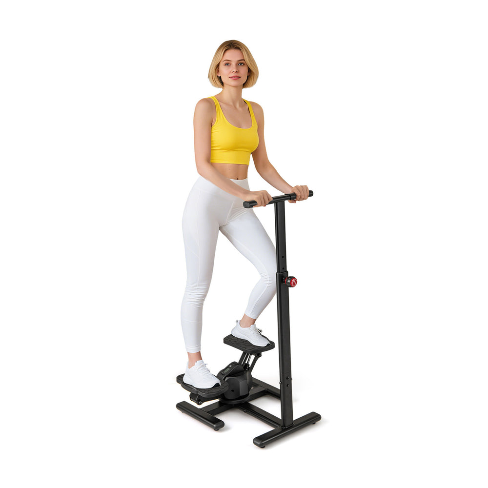 Twist stair stepper with adjustable handlebar and LCD display, designed for low-impact home workouts.