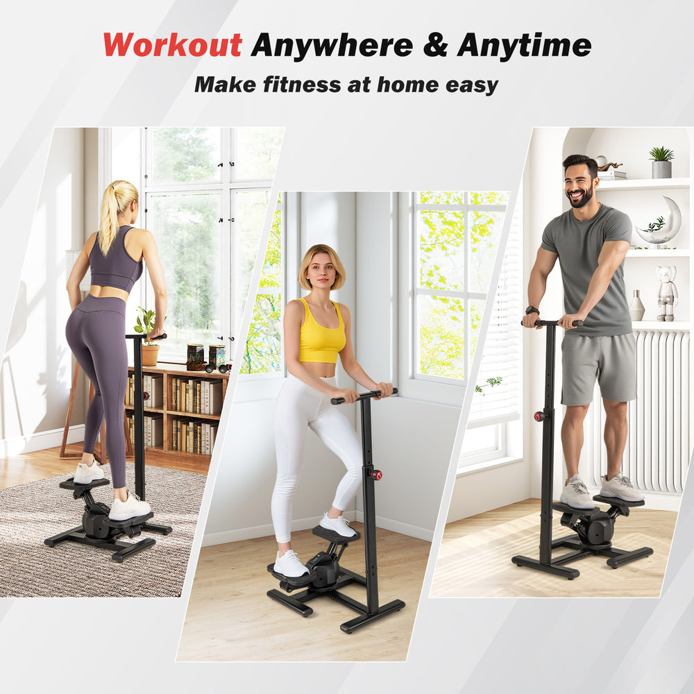 Black twist stair stepper with adjustable handlebar and LCD display for home fitness and low-impact workouts.