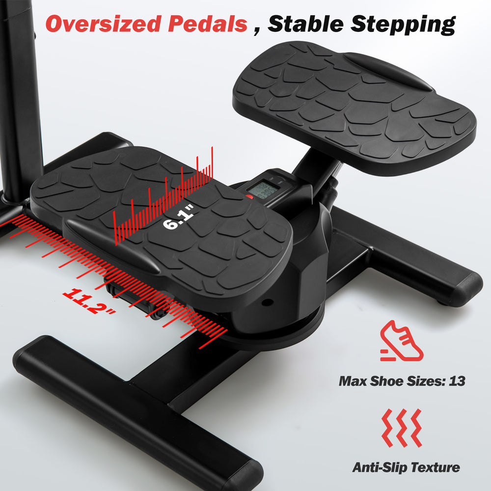 Oversized anti-slip pedals of the black twist stair stepper for stable footing during low-impact workouts.