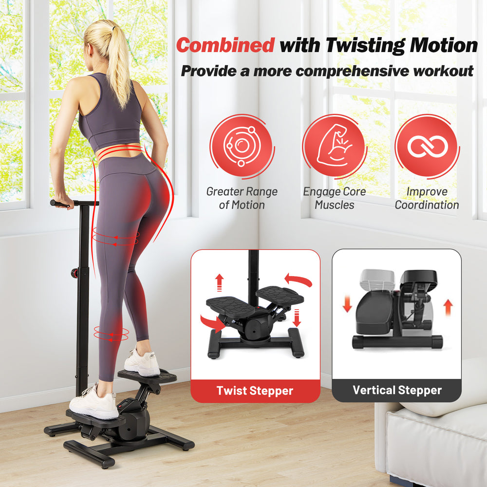 Twist stair stepper with adjustable handlebar and anti-slip pedals for a comprehensive home workout.