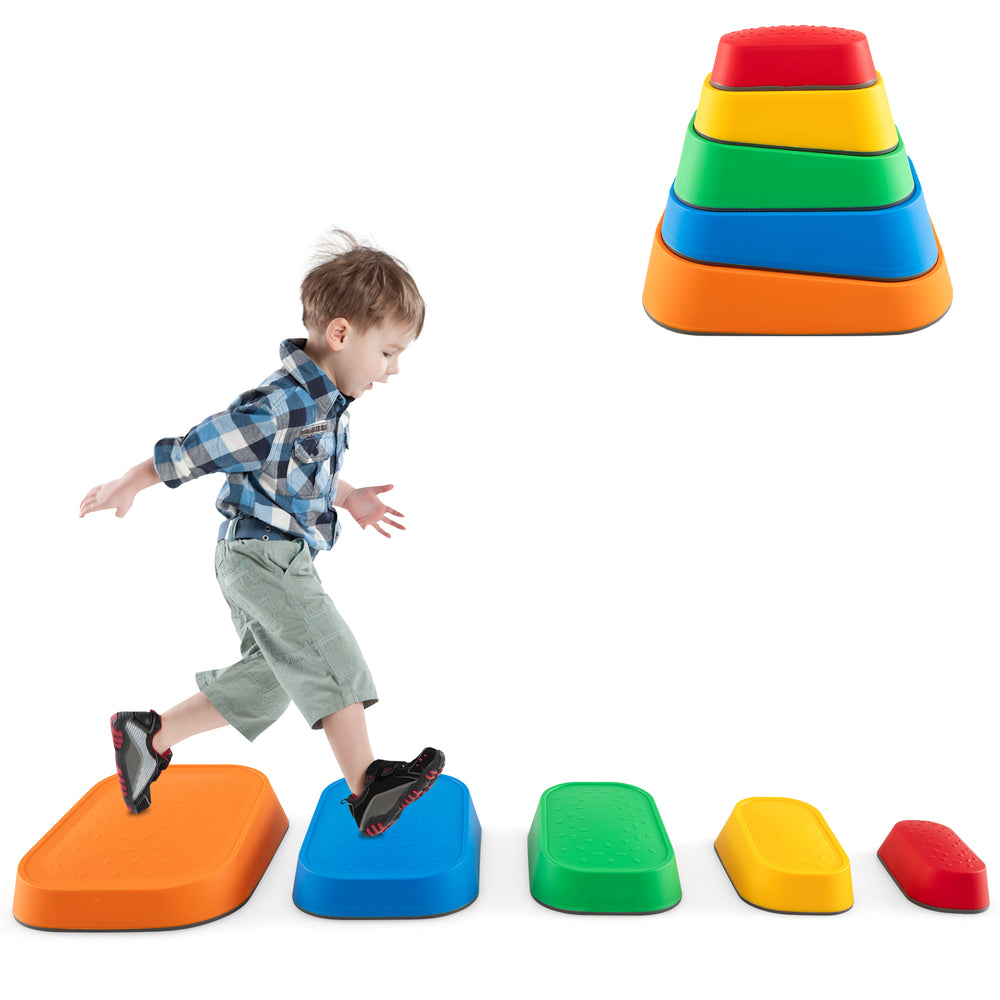 Colorful non-slip stepping stones for kids, promoting balance and coordination, suitable for indoor and outdoor play.