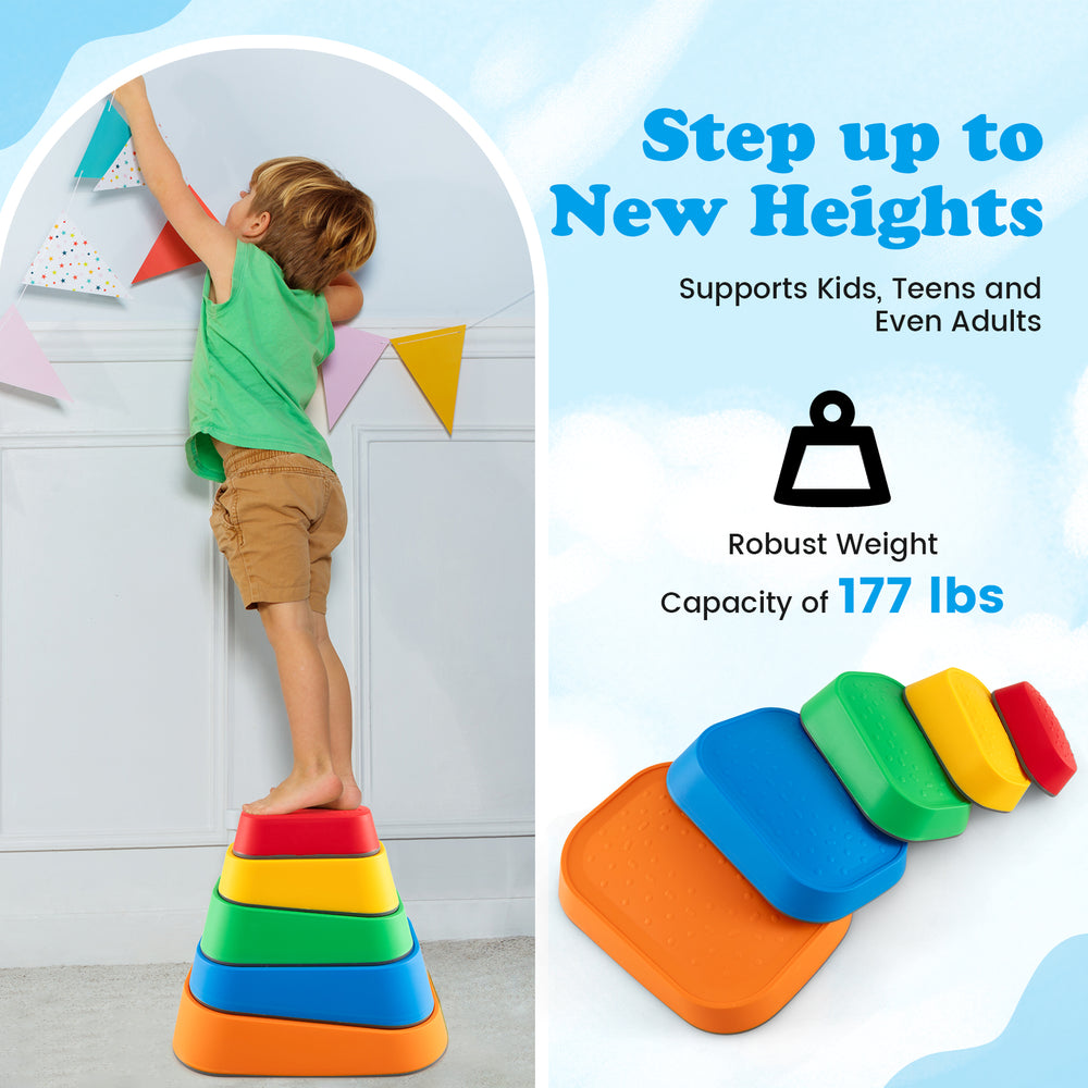 Colorful non-slip stepping stones for kids, supporting up to 177 lbs, ideal for indoor and outdoor play.
