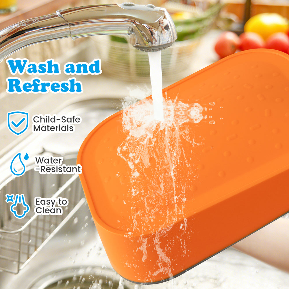 Water-resistant orange stepping stone set for kids, made from child-safe materials, easy to clean and non-slip design.