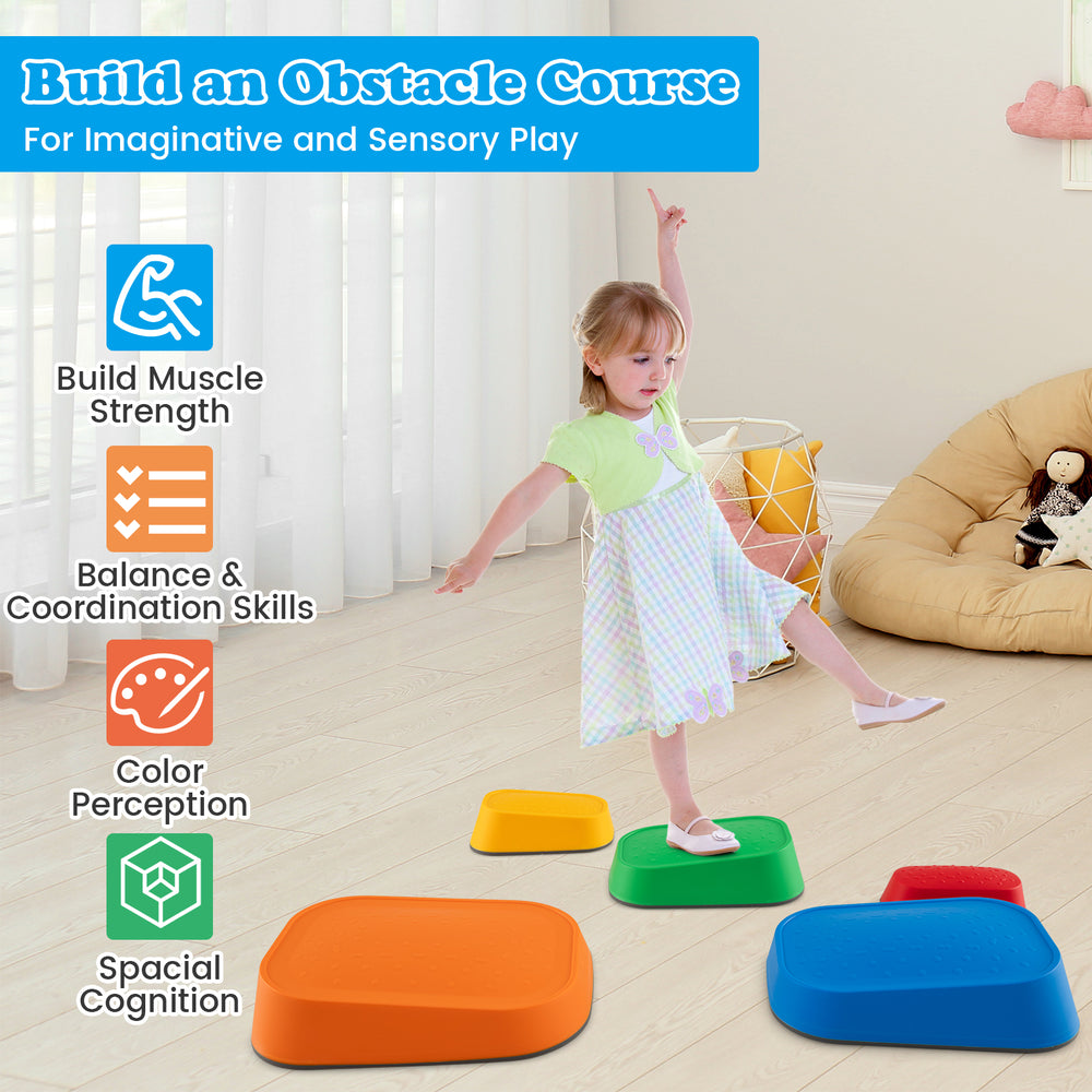 Colorful non-slip stepping stones for kids, promoting balance, coordination, and sensory play indoors and outdoors.