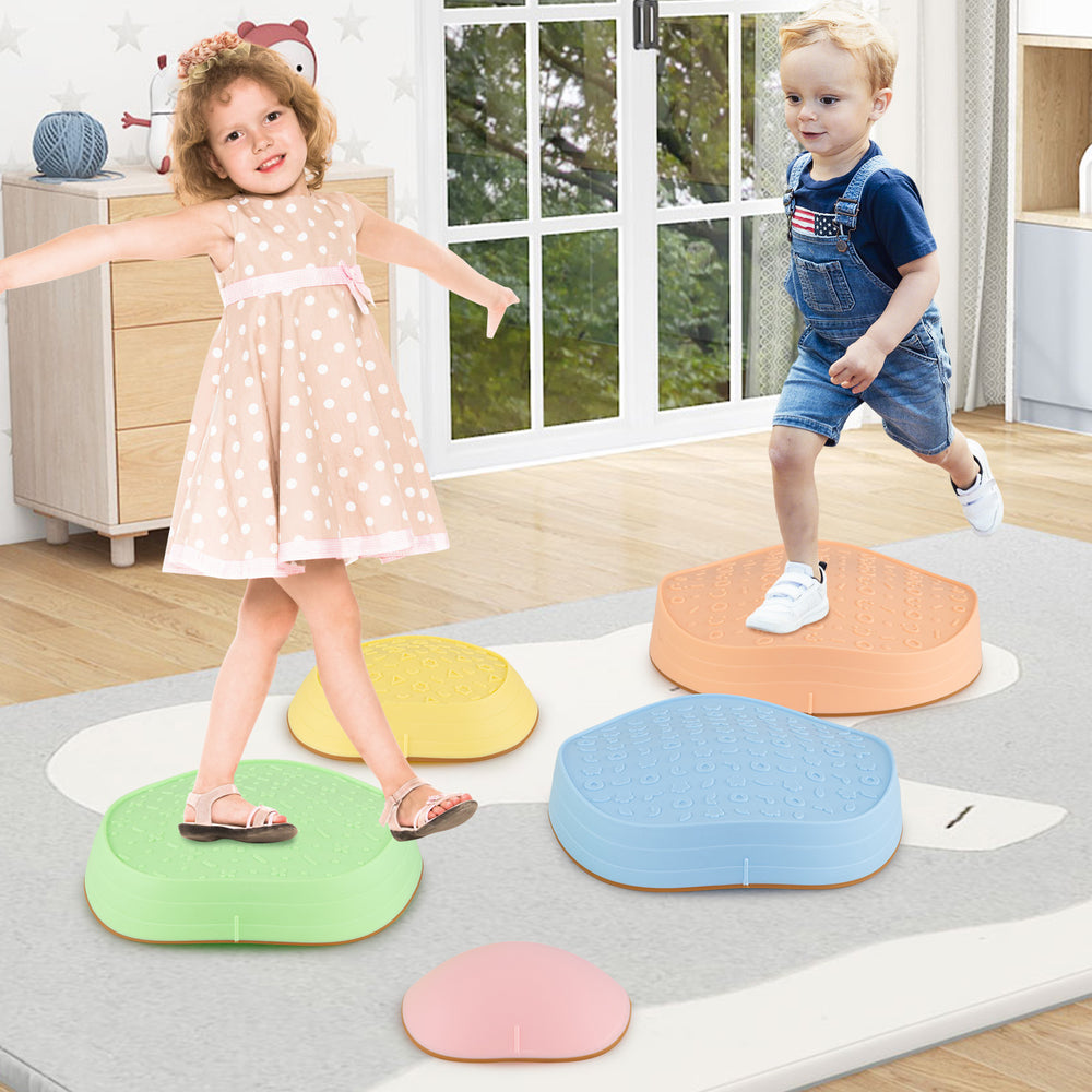 Colorful non-slip balance stones for kids, promoting coordination and play, suitable for indoor or outdoor use.
