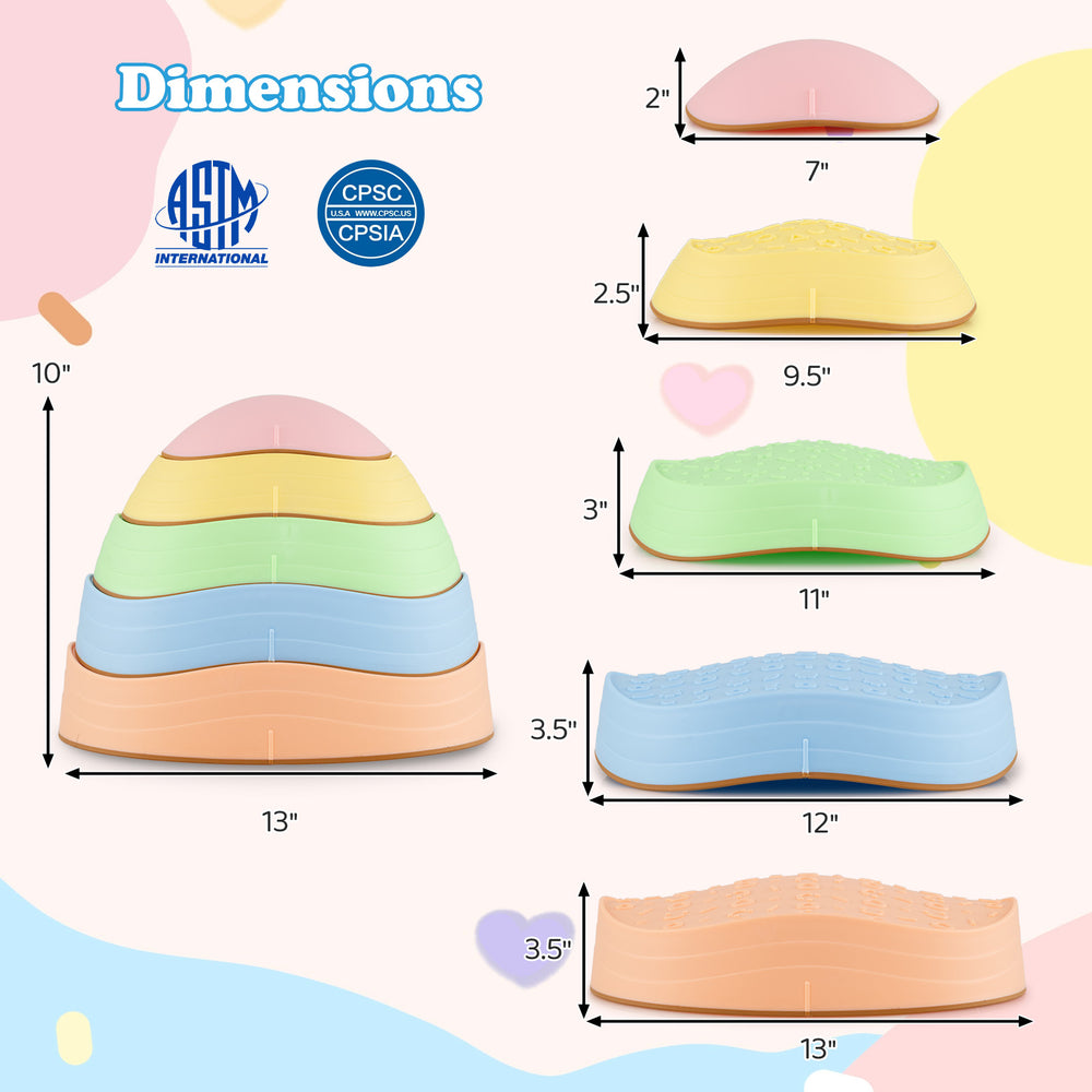 Colorful macaron-shaped stepping stones for kids, showcasing dimensions, perfect for balance and coordination play.